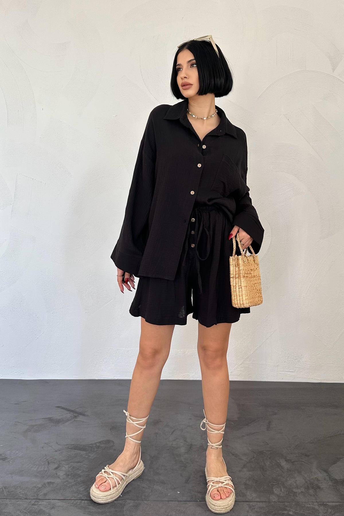 Short Muslin Set - black