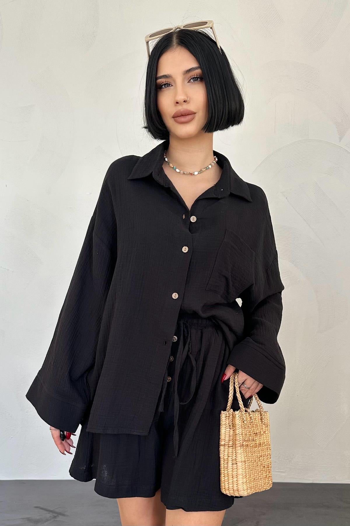 Short Muslin Set - black