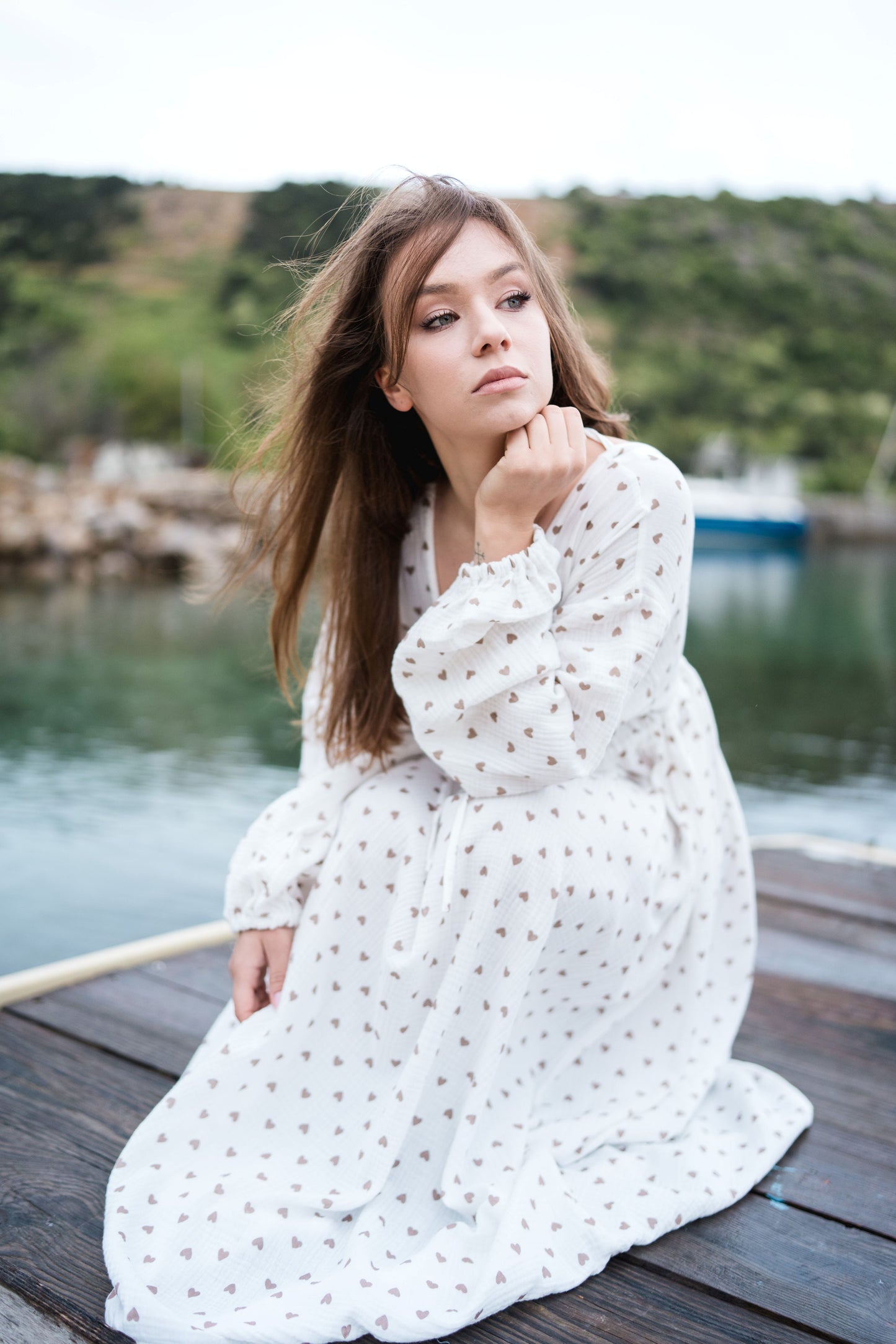 Long Muslin Dress - white/brown hearts