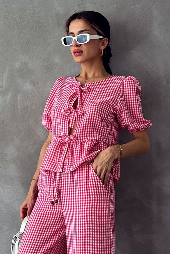 Blouse Front Tied - pink/white
