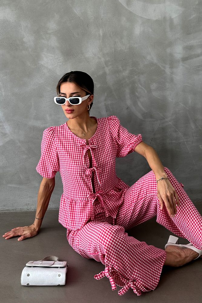 Blouse Front Tied - pink/white