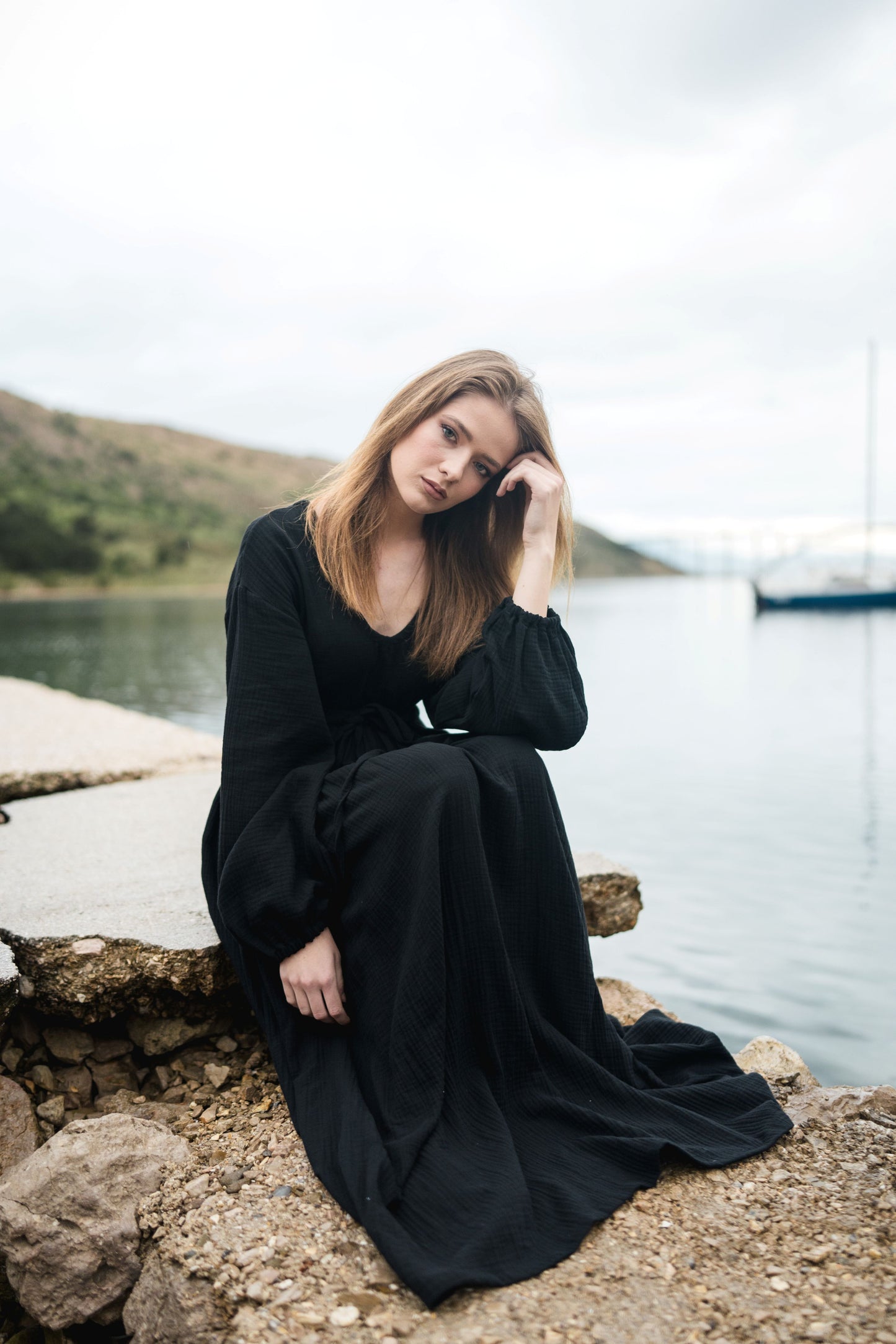 Long Muslin Dress - black