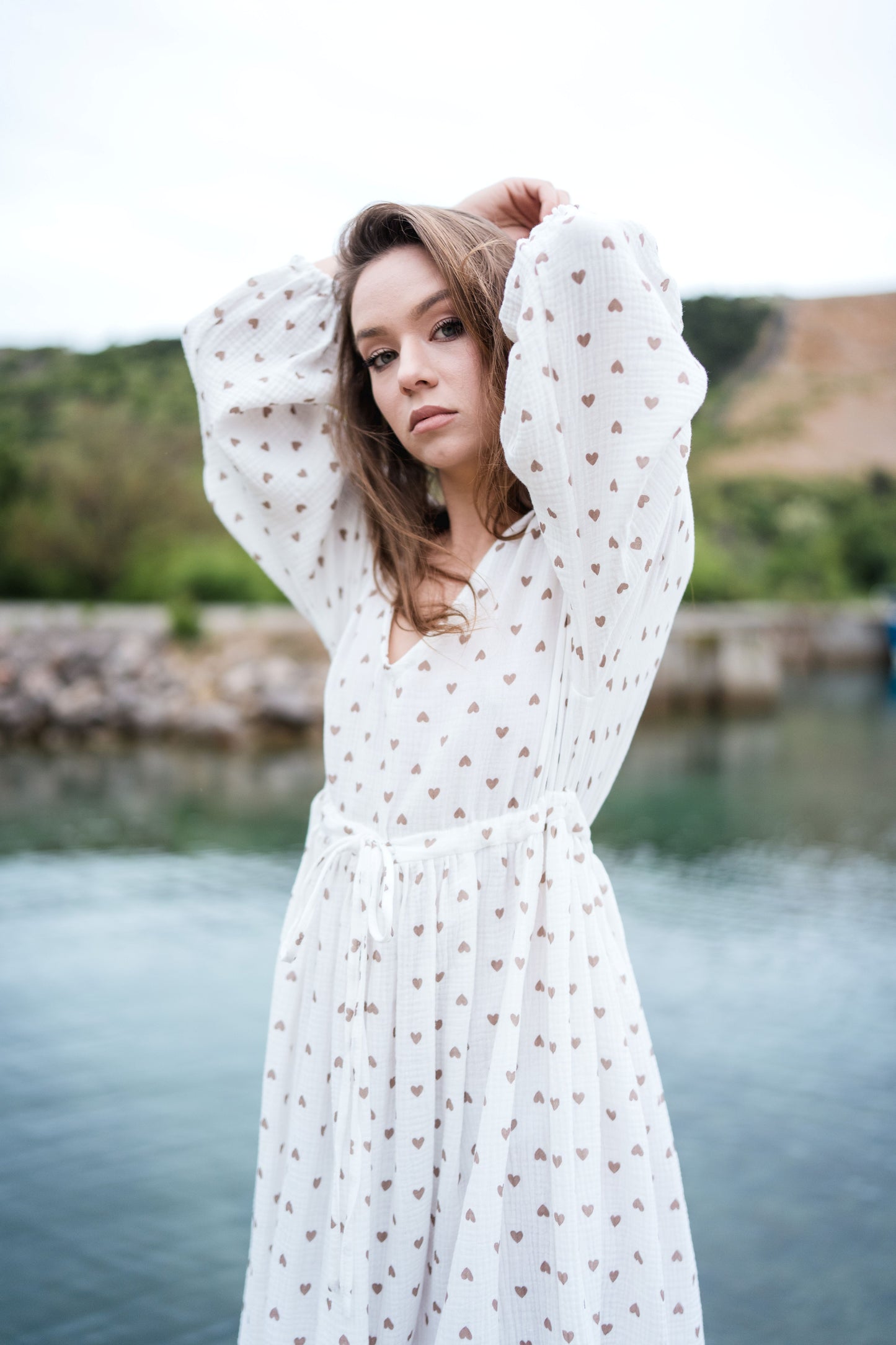 Long Muslin Dress - white/brown hearts
