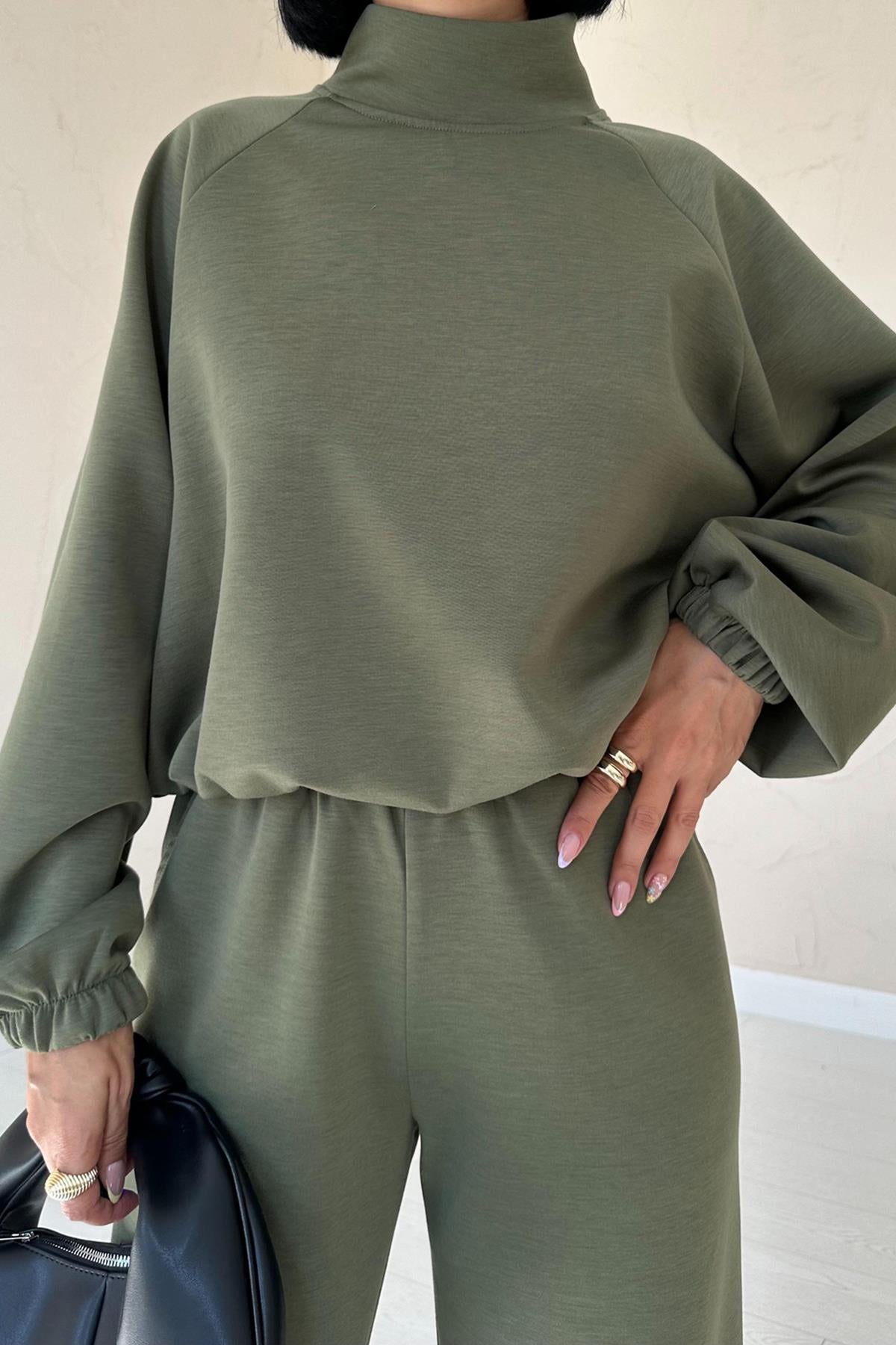 Stand Collar Sweatshirt - Khaki