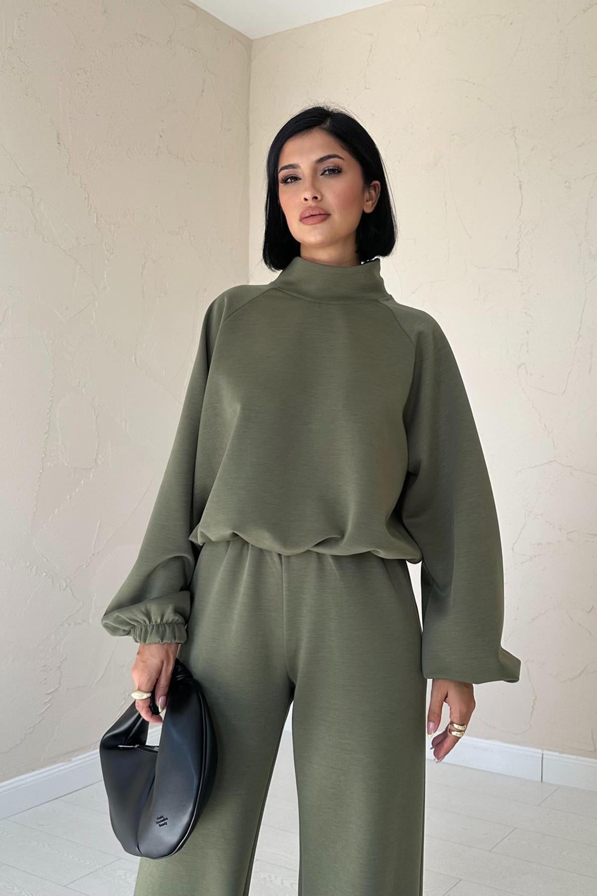 Stand Collar Sweatshirt - Khaki