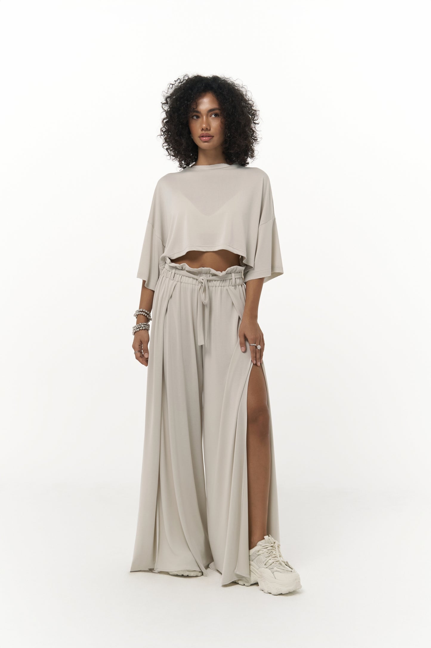 Maxi Shimmering Fabric Double Leg Suit - Ecru