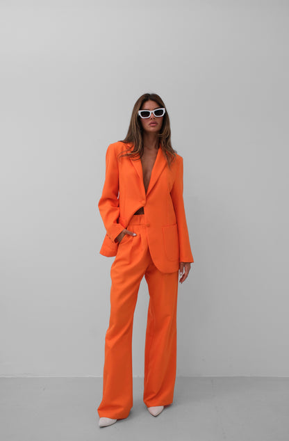 Waist Pleated Pant Blazer Jacket Suit - Orange