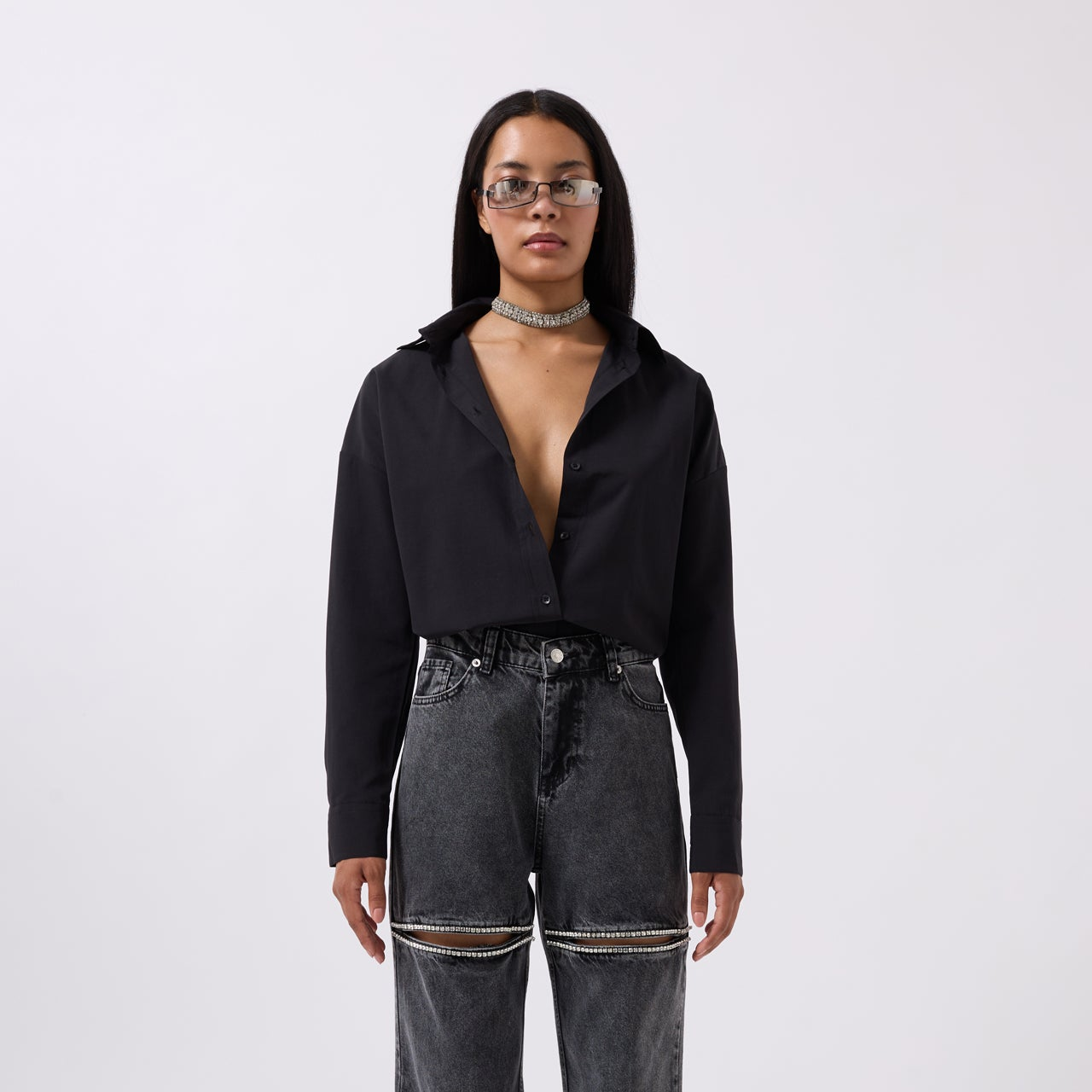 Jeans Leg Openwork Stoned - Black
