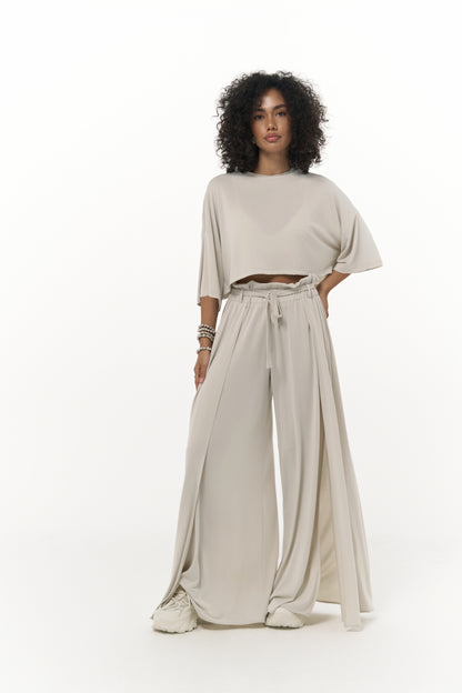 Maxi Shimmering Fabric Double Leg Suit - Ecru