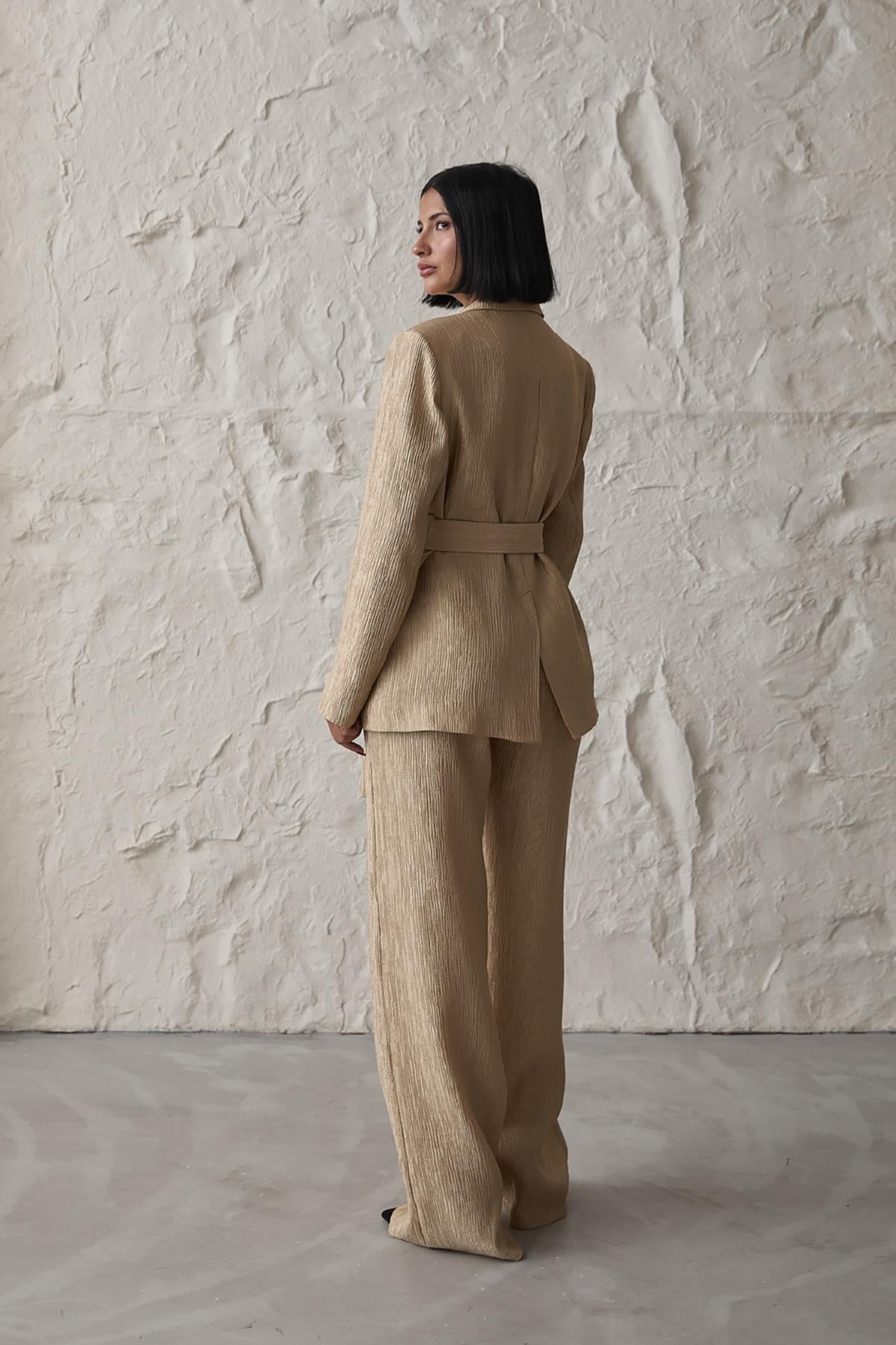 Belted Waist Jacket and Trouser Shiny Set - Beige/Gold