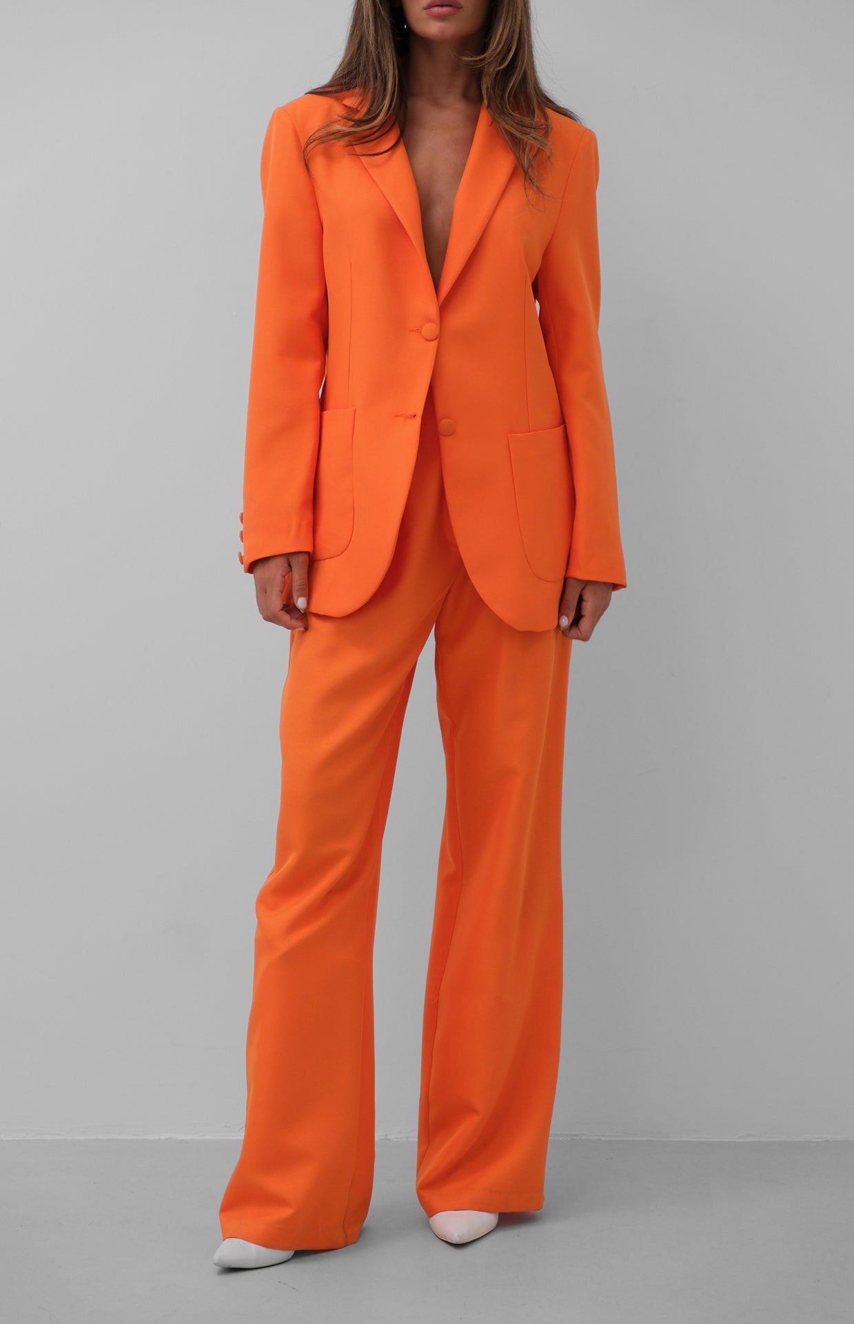 Waist Pleated Pant Blazer Jacket Suit - Orange