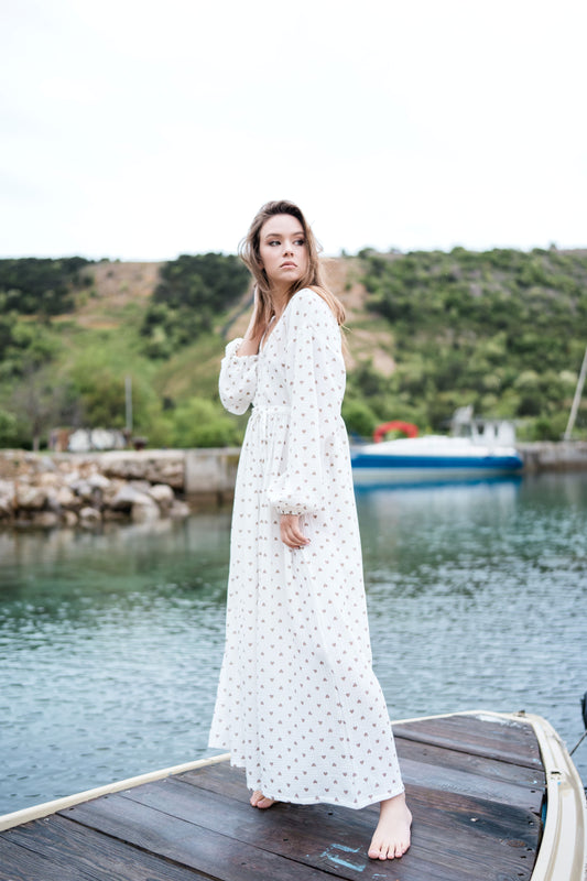 Long Muslin Dress - white/brown hearts