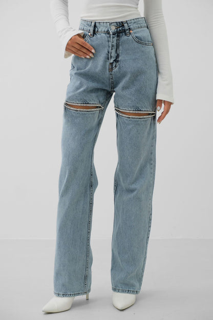 Leg Decollete Stoned Jeans - Blue