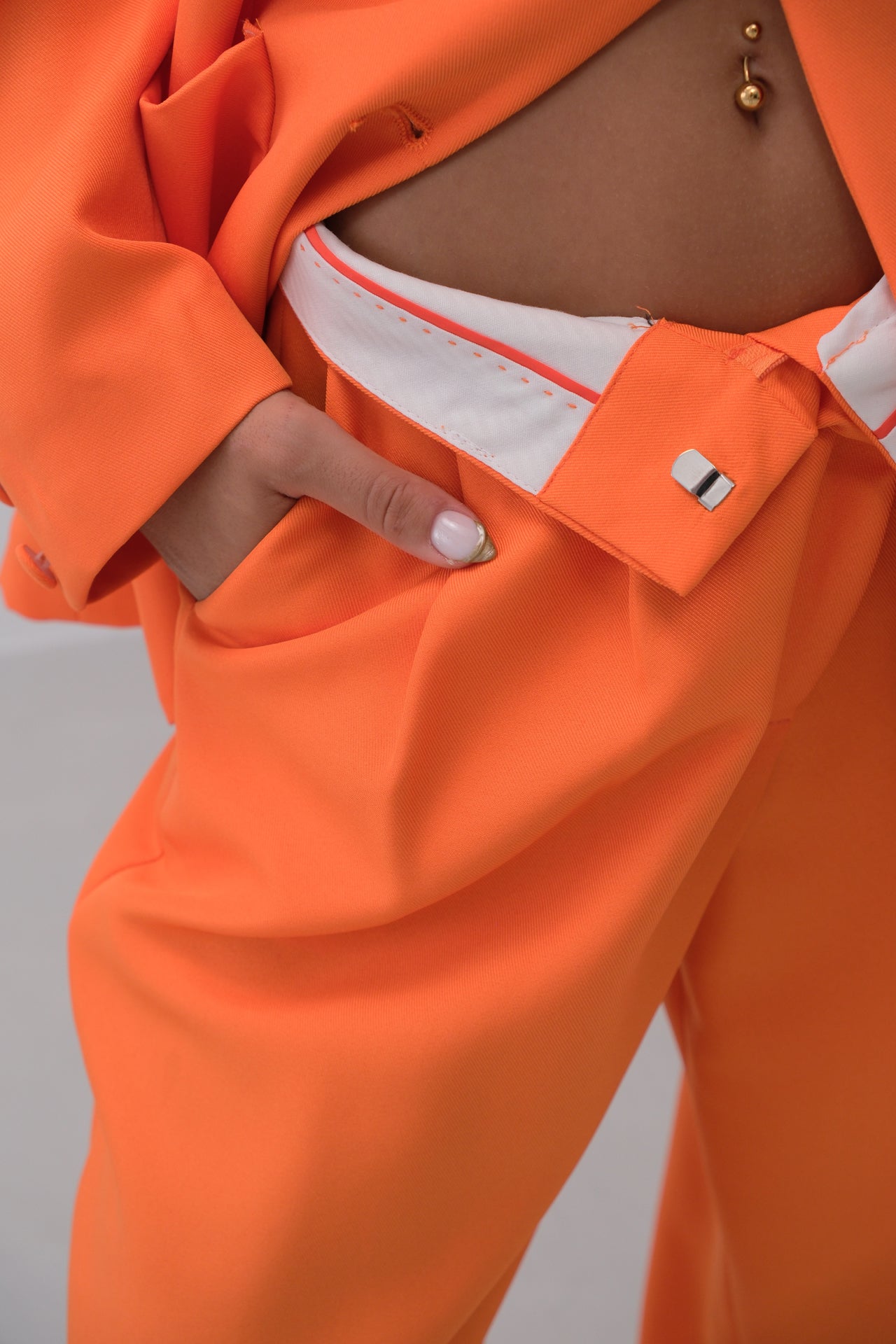 Waist Pleated Pant Blazer Jacket Suit - Orange