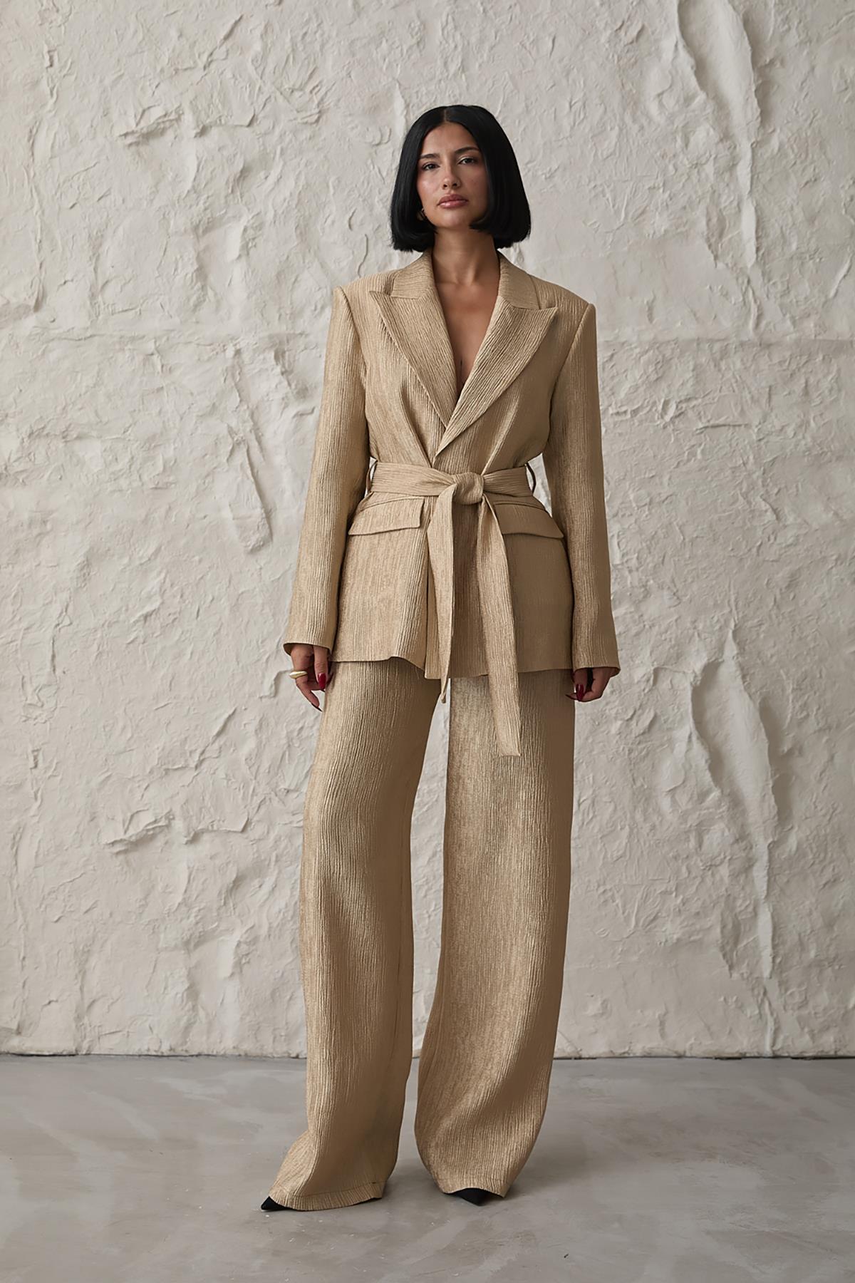 Belted Waist Jacket and Trouser Shiny Set - Beige/Gold