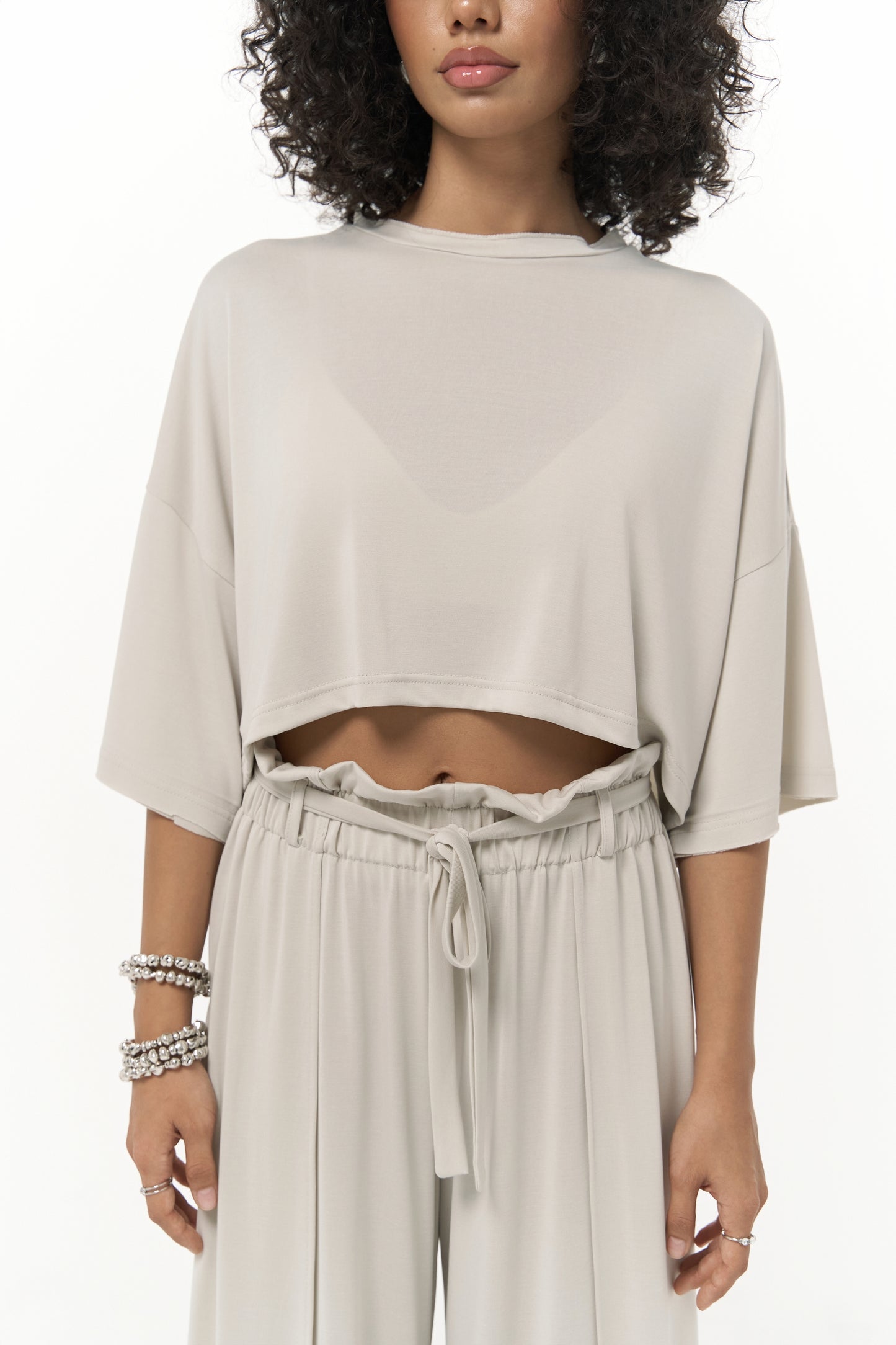 Maxi Shimmering Fabric Double Leg Suit - Ecru
