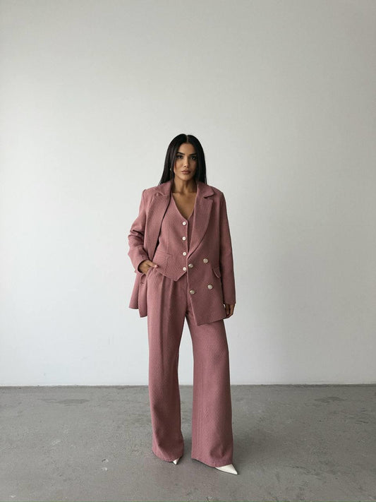 Tweed Fabric Three Piece Suit - Dusty Rose