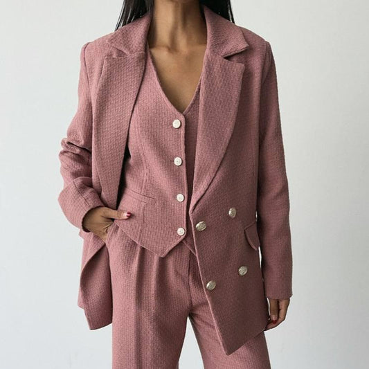 Tweed Fabric Three Piece Suit - Dusty Rose