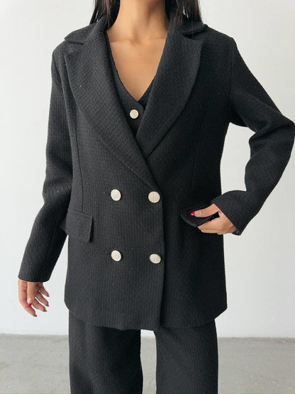 Tweed Fabric Three Piece Suit - Black