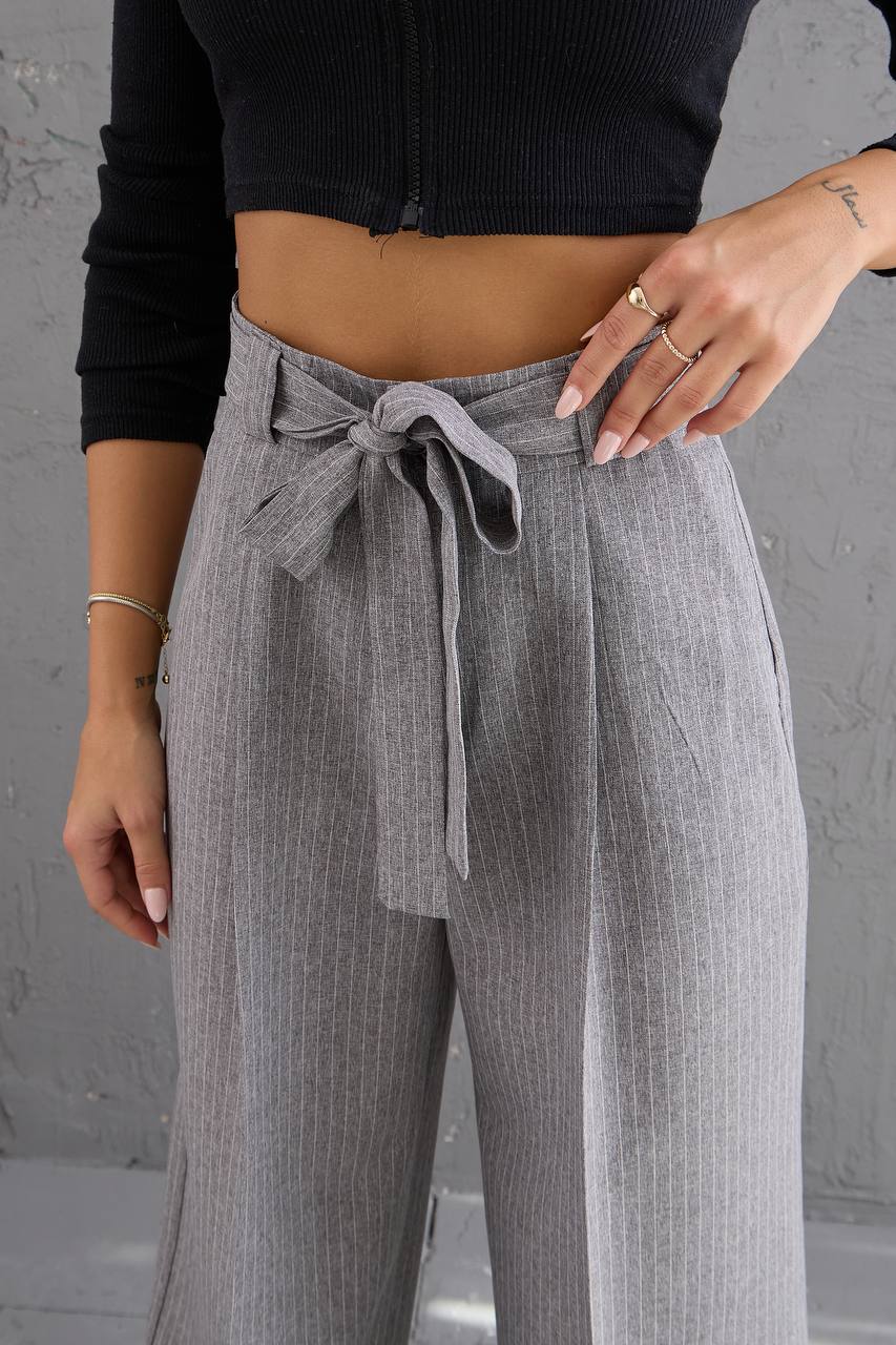 Striped Fabric Waist Belted Palazzo Trousers - Grey