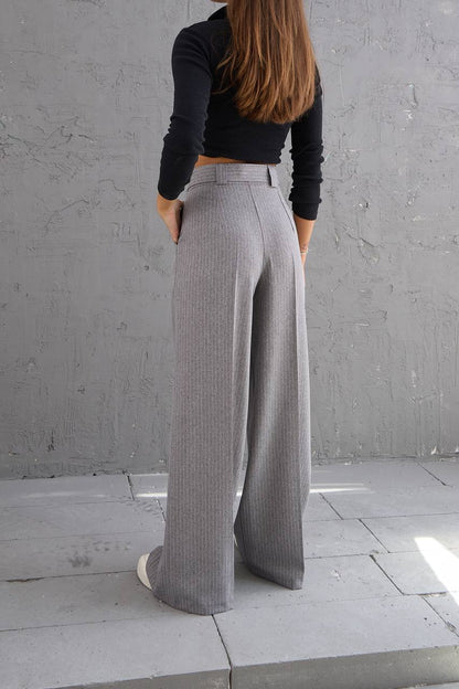 Striped Fabric Waist Belted Palazzo Trousers - Grey