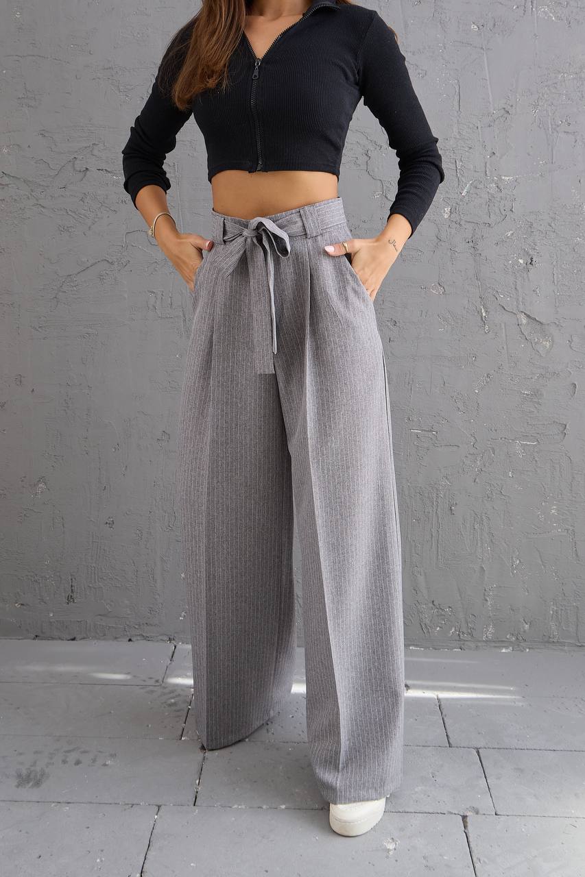 Striped Fabric Waist Belted Palazzo Trousers - Grey