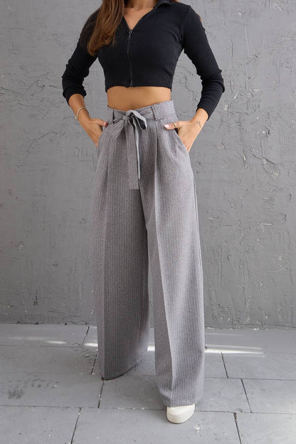 Striped Fabric Waist Belted Palazzo Trousers - Grey