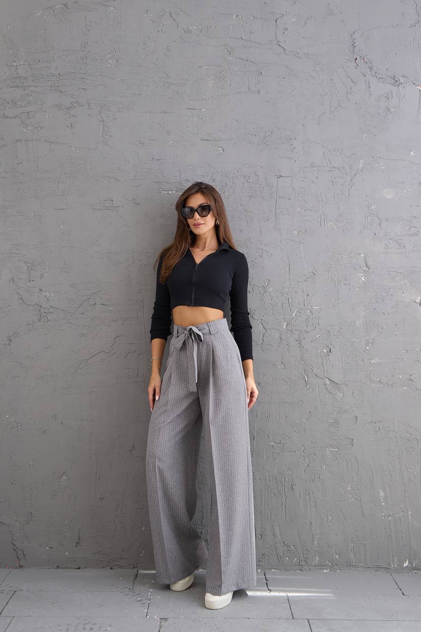 Striped Fabric Waist Belted Palazzo Trousers - Grey