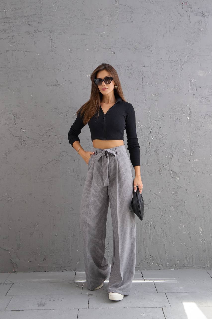 Striped Fabric Waist Belted Palazzo Trousers - Grey