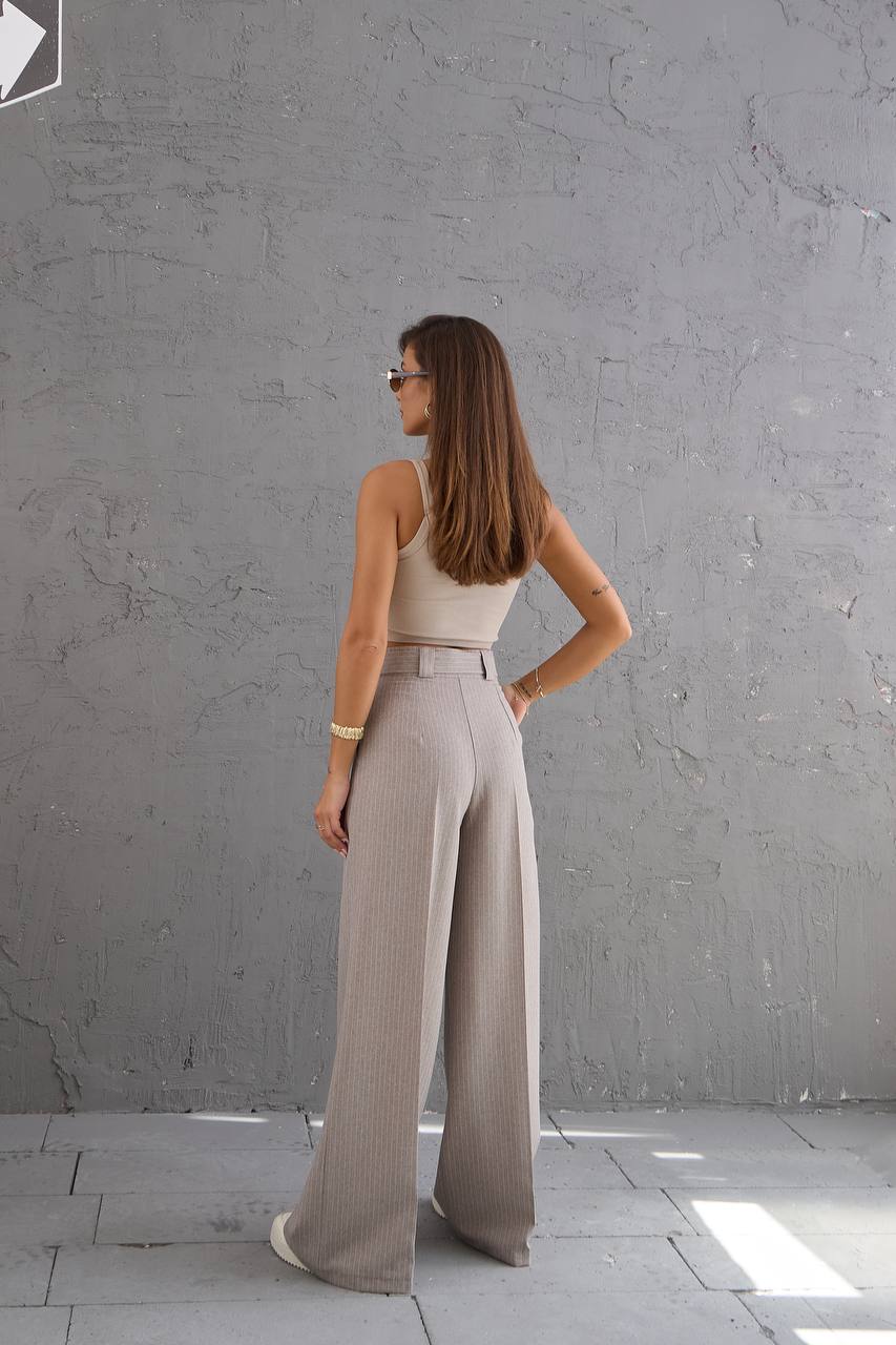 Striped Fabric Waist Belted Palazzo Trousers - Stone