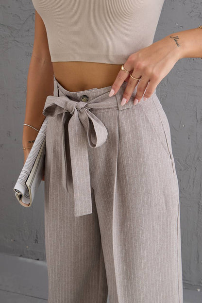 Striped Fabric Waist Belted Palazzo Trousers - Stone