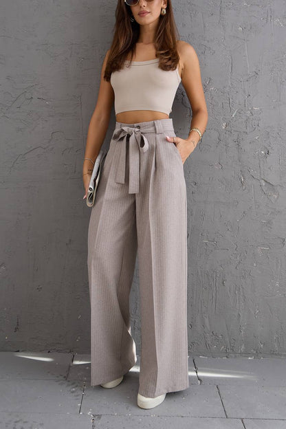 Striped Fabric Waist Belted Palazzo Trousers - Stone