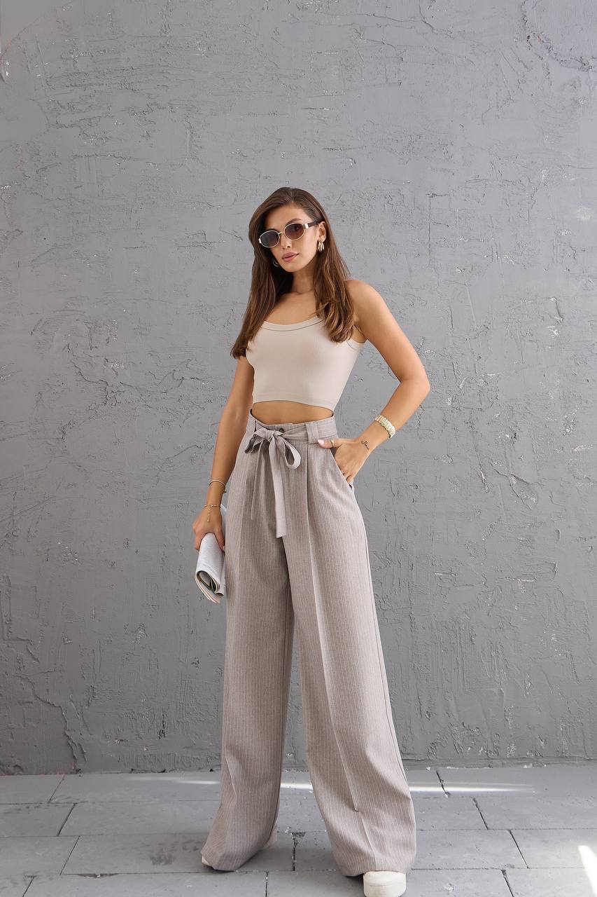 Striped Fabric Waist Belted Palazzo Trousers - Stone