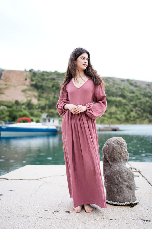 Long Muslin Dress - brick