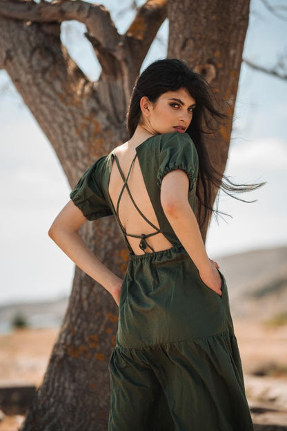 Linen Open Back Long Dress - Military Green Hawe Linen Open Back Long Dress - Military Green Hawe